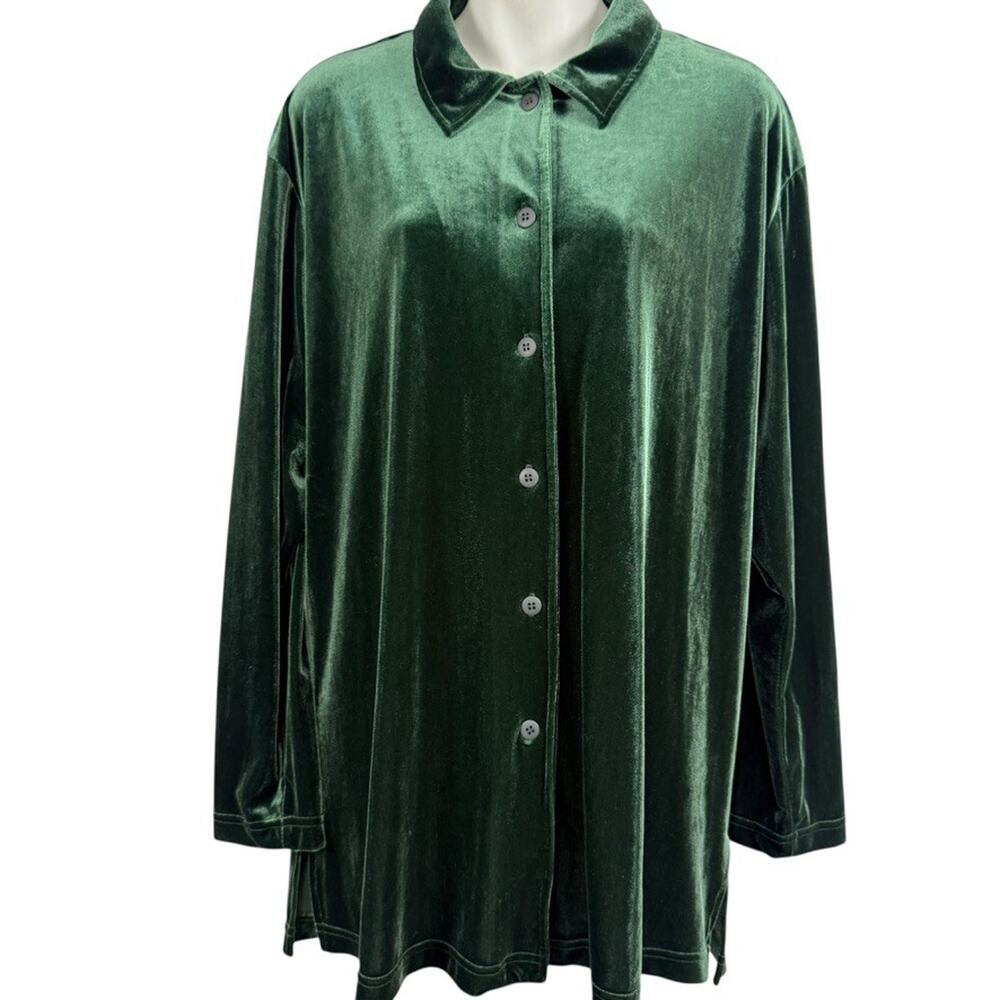 Bechamel Womens Green Velvet USA Made Button Up Collared Shirt Top Stretch sz L